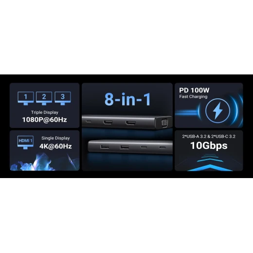 محطة إرساء يو جرين 8 في 1 بمنفذ USB C شاشة مزدوجة 4K HDMI VGA USB-C - يوجرين - Image 3